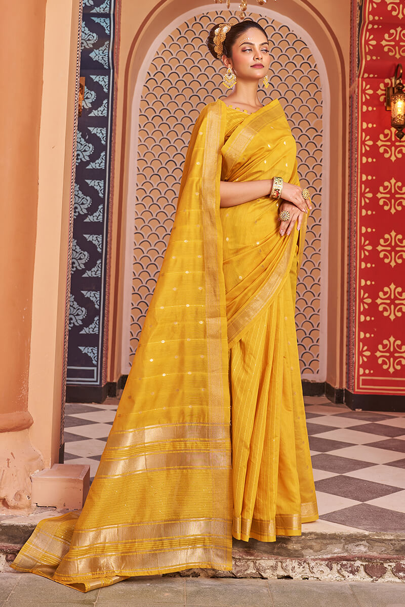 Fantabulous Yellow Linen Cotton Silk Saree With Luxuriant Blouse Piece - Colorful Saree