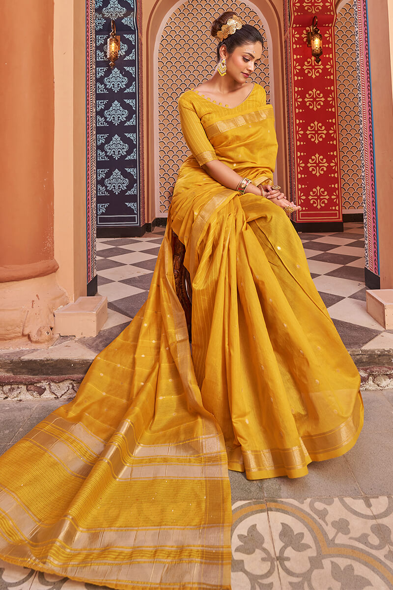 Fantabulous Yellow Linen Cotton Silk Saree With Luxuriant Blouse Piece - Colorful Saree