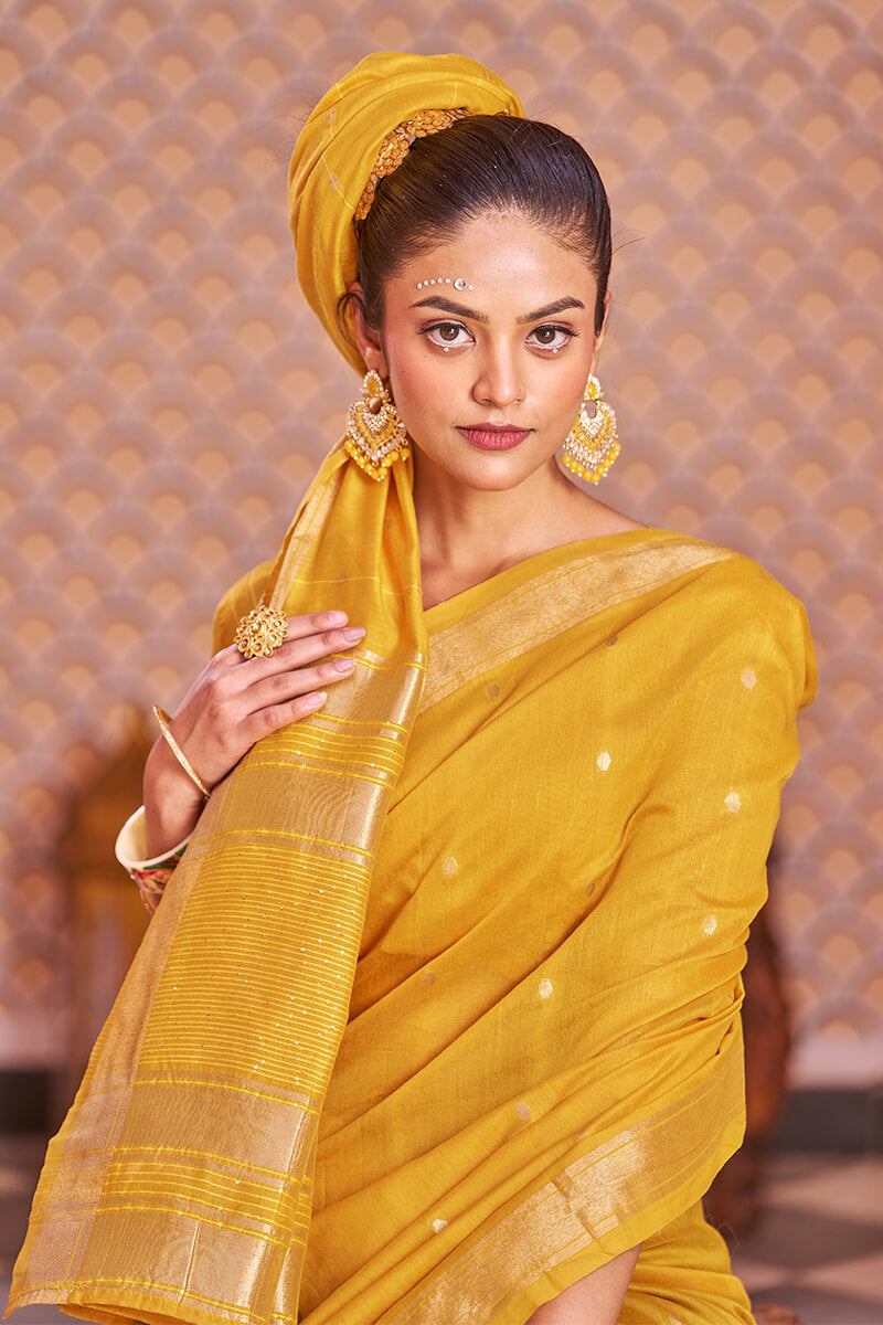 Fantabulous Yellow Linen Cotton Silk Saree With Luxuriant Blouse Piece - Colorful Saree