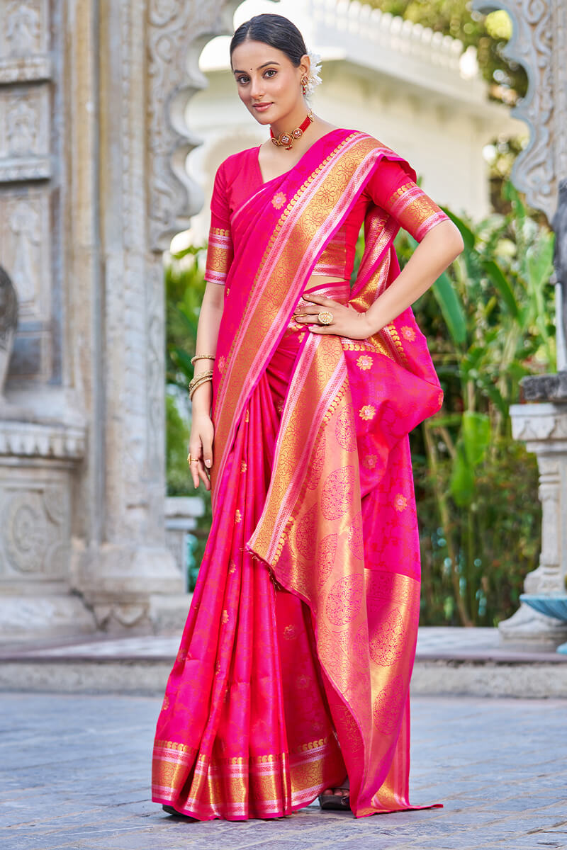 Appealing Dark Pink Kanjivaram Silk Saree With Ideal Blouse Piece - Colorful Saree