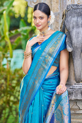 Blooming Firozi Kanjivaram Silk Saree With Traditional Blouse Piece - Colorful Saree