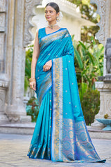 Blooming Firozi Kanjivaram Silk Saree With Traditional Blouse Piece - Colorful Saree