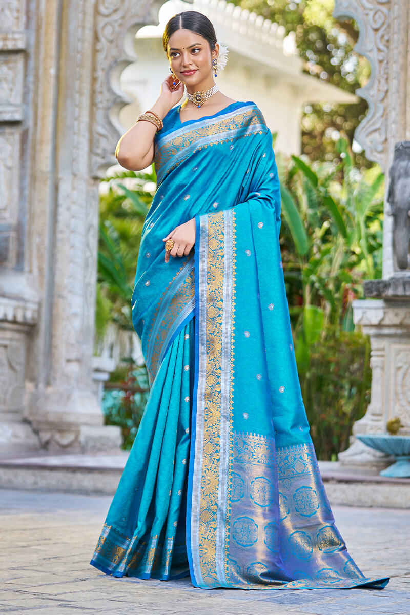 Blooming Firozi Kanjivaram Silk Saree With Traditional Blouse Piece - Colorful Saree