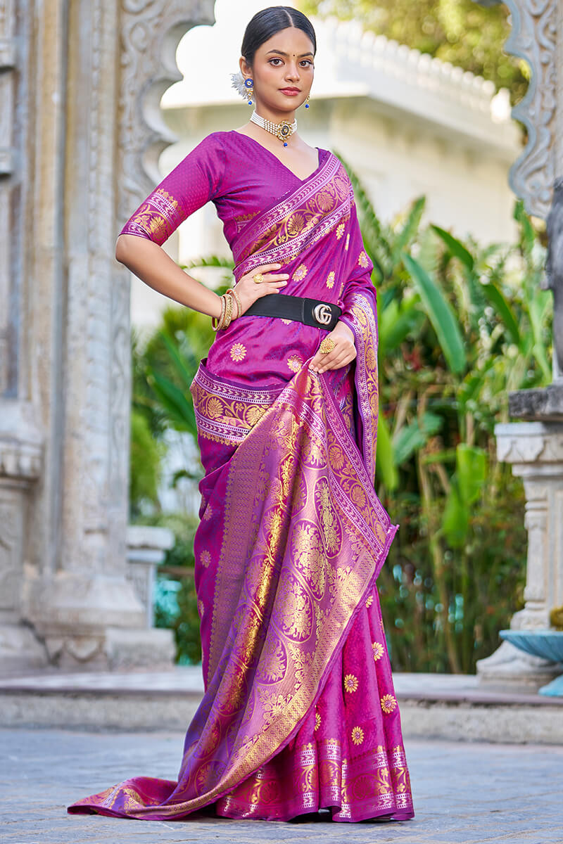 Engrossing Purple Kanjivaram Silk Saree With Epiphany Blouse Piece - Colorful Saree