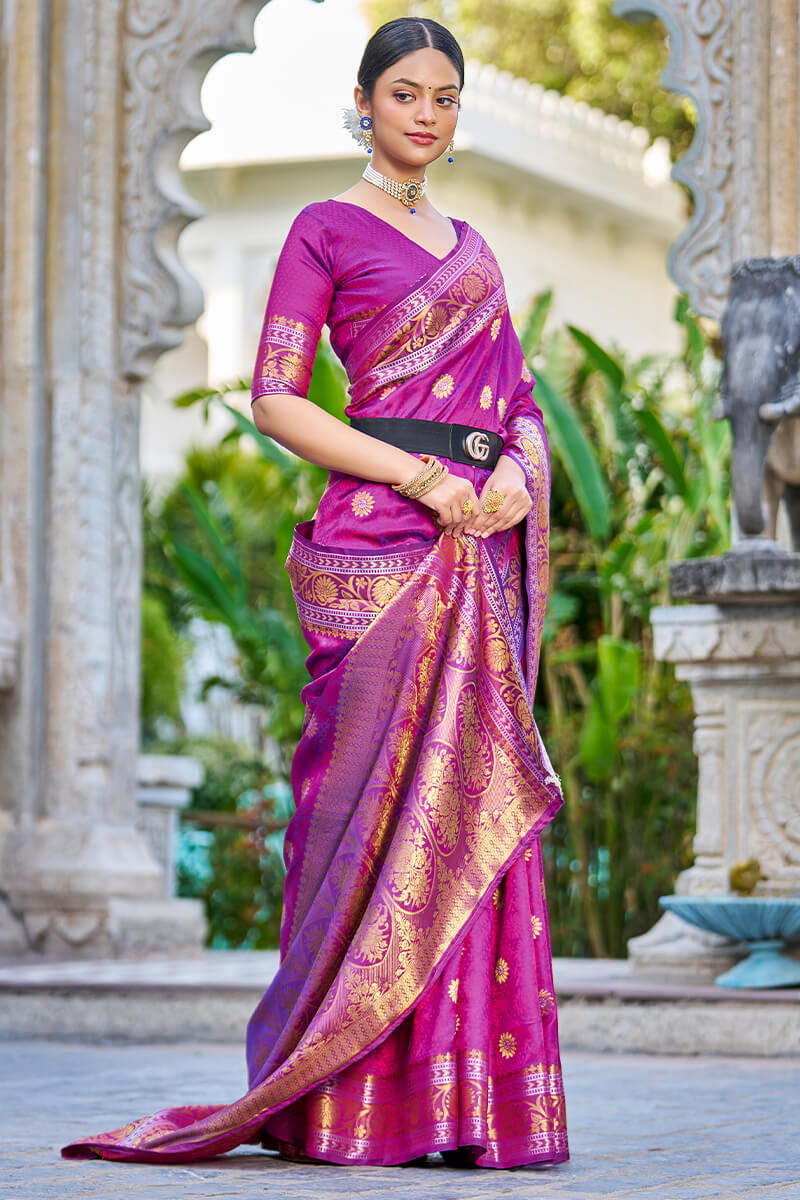 Engrossing Purple Kanjivaram Silk Saree With Epiphany Blouse Piece - Colorful Saree