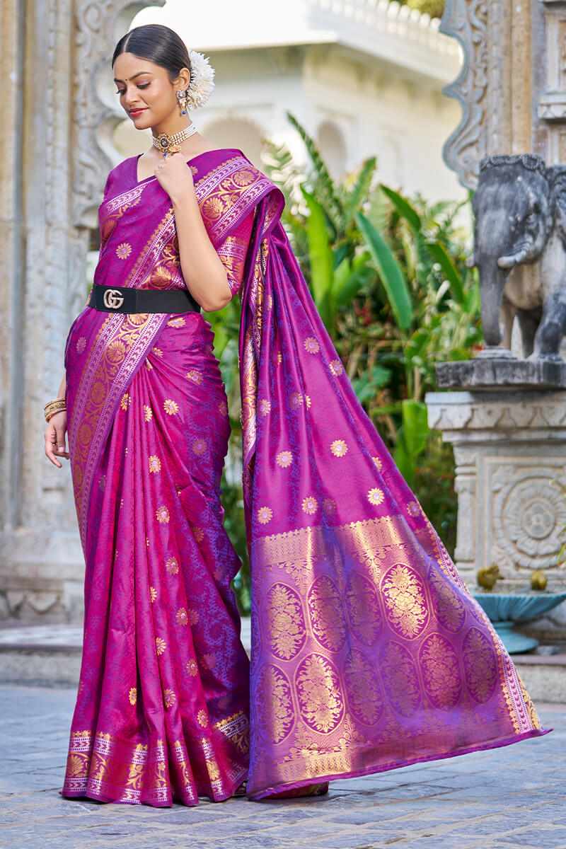 Engrossing Purple Kanjivaram Silk Saree With Epiphany Blouse Piece - Colorful Saree