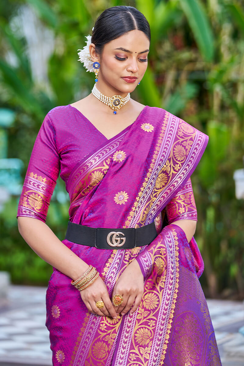 Engrossing Purple Kanjivaram Silk Saree With Epiphany Blouse Piece - Colorful Saree