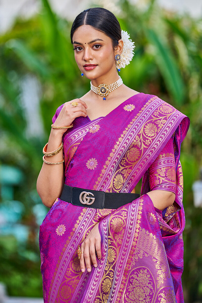 Engrossing Purple Kanjivaram Silk Saree With Epiphany Blouse Piece - Colorful Saree