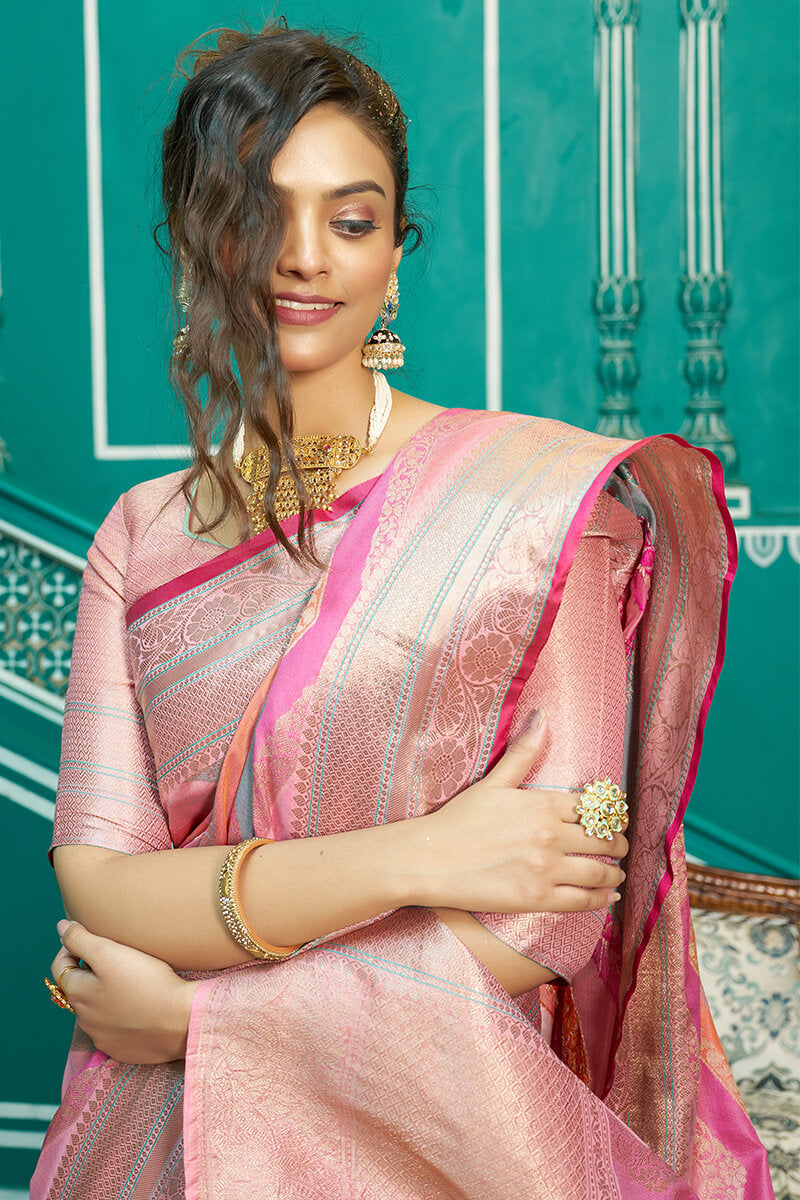Glittering Baby Pink Organza Silk Saree With Radiant Blouse Piece - Colorful Saree