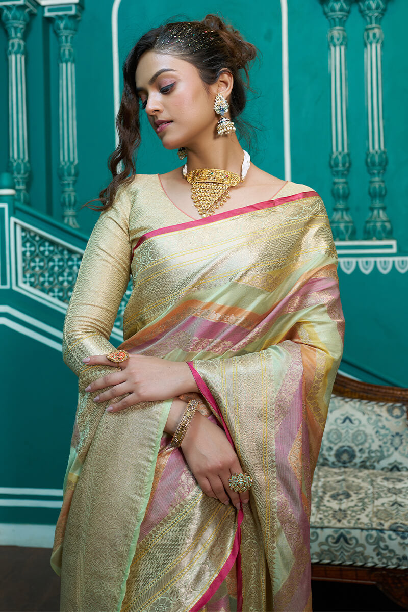 Splendorous Pista Organza Silk Saree With Inspiring Blouse Piece - Colorful Saree