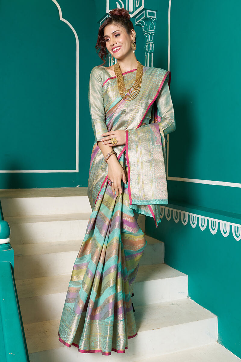 Tempting Sky Organza Silk Saree With Stunner Blouse Piece - Colorful Saree