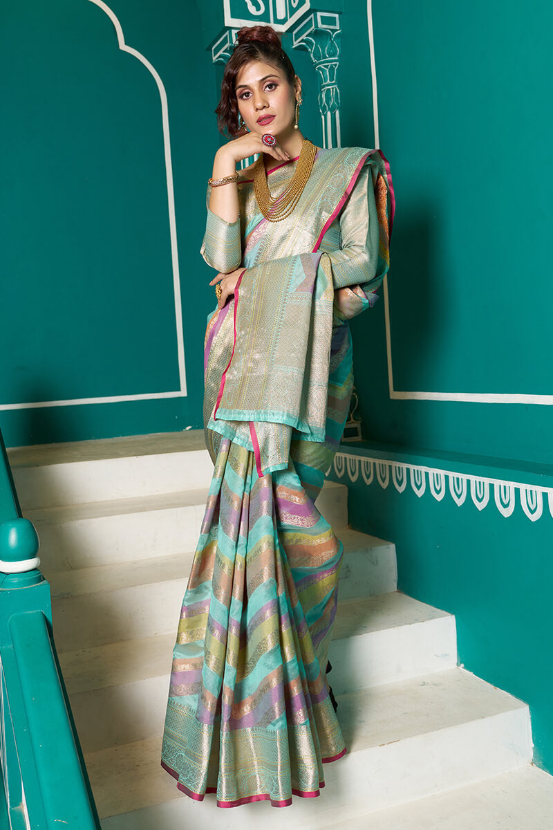 Tempting Sky Organza Silk Saree With Stunner Blouse Piece - Colorful Saree