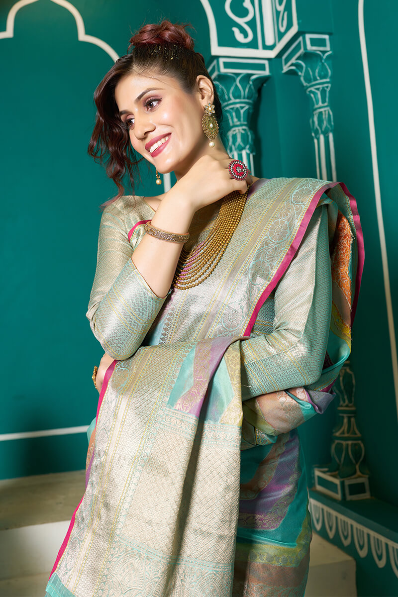 Tempting Sky Organza Silk Saree With Stunner Blouse Piece - Colorful Saree