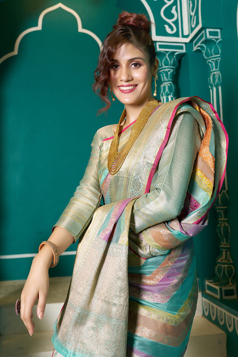 Tempting Sky Organza Silk Saree With Stunner Blouse Piece - Colorful Saree