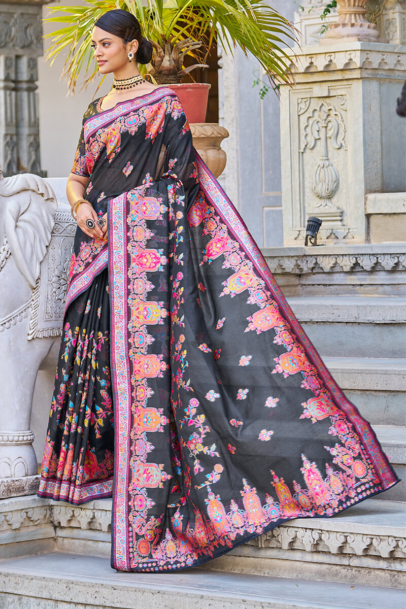 Breathtaking Black Pashmina saree With Precious Blouse Piece - Colorful Saree