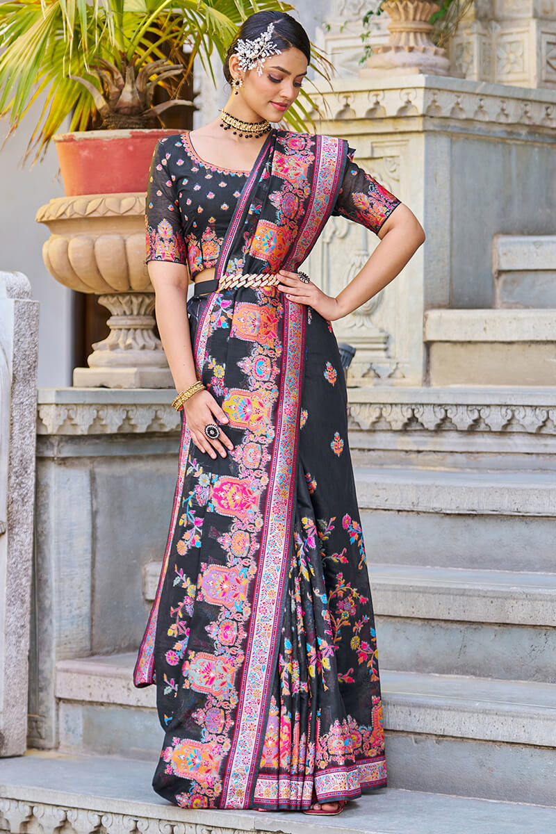 Breathtaking Black Pashmina saree With Precious Blouse Piece - Colorful Saree
