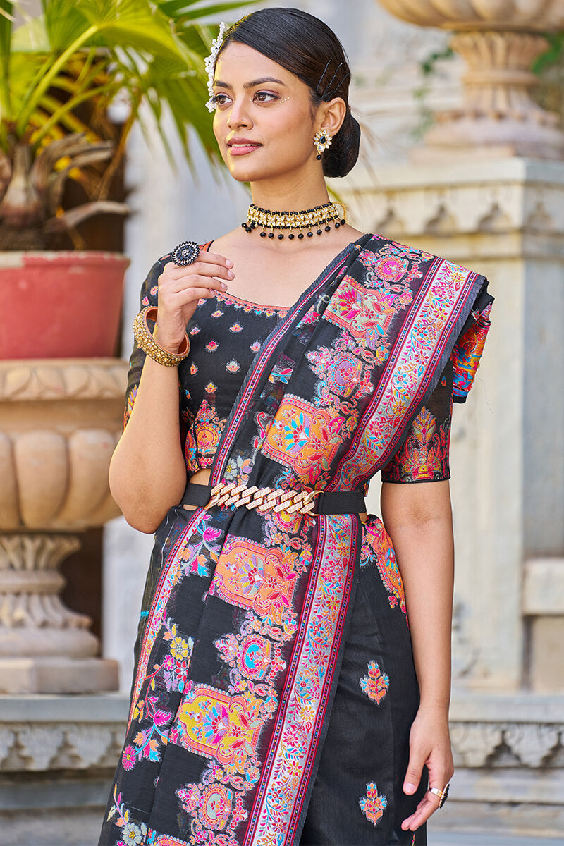 Breathtaking Black Pashmina saree With Precious Blouse Piece - Colorful Saree