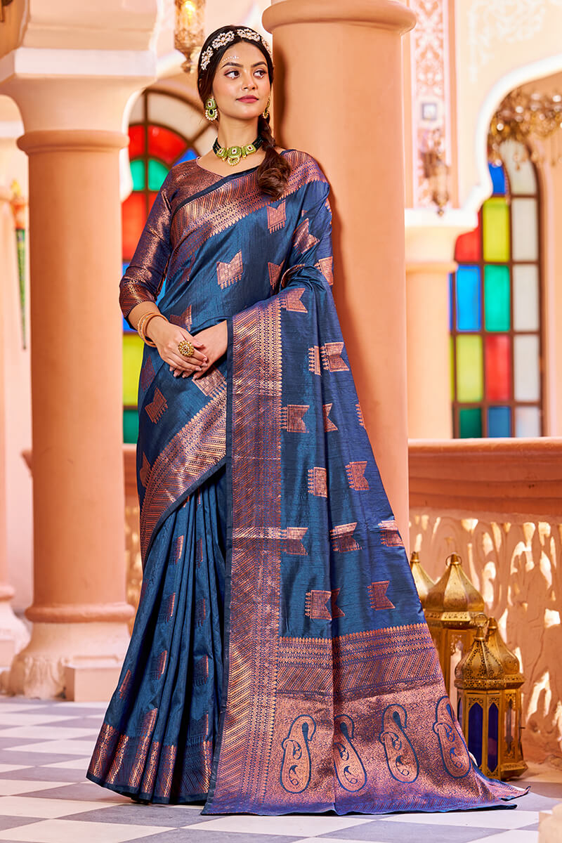 Classic Navy Blue Soft Banarasi Silk Saree With Designer Blouse Piece - Colorful Saree