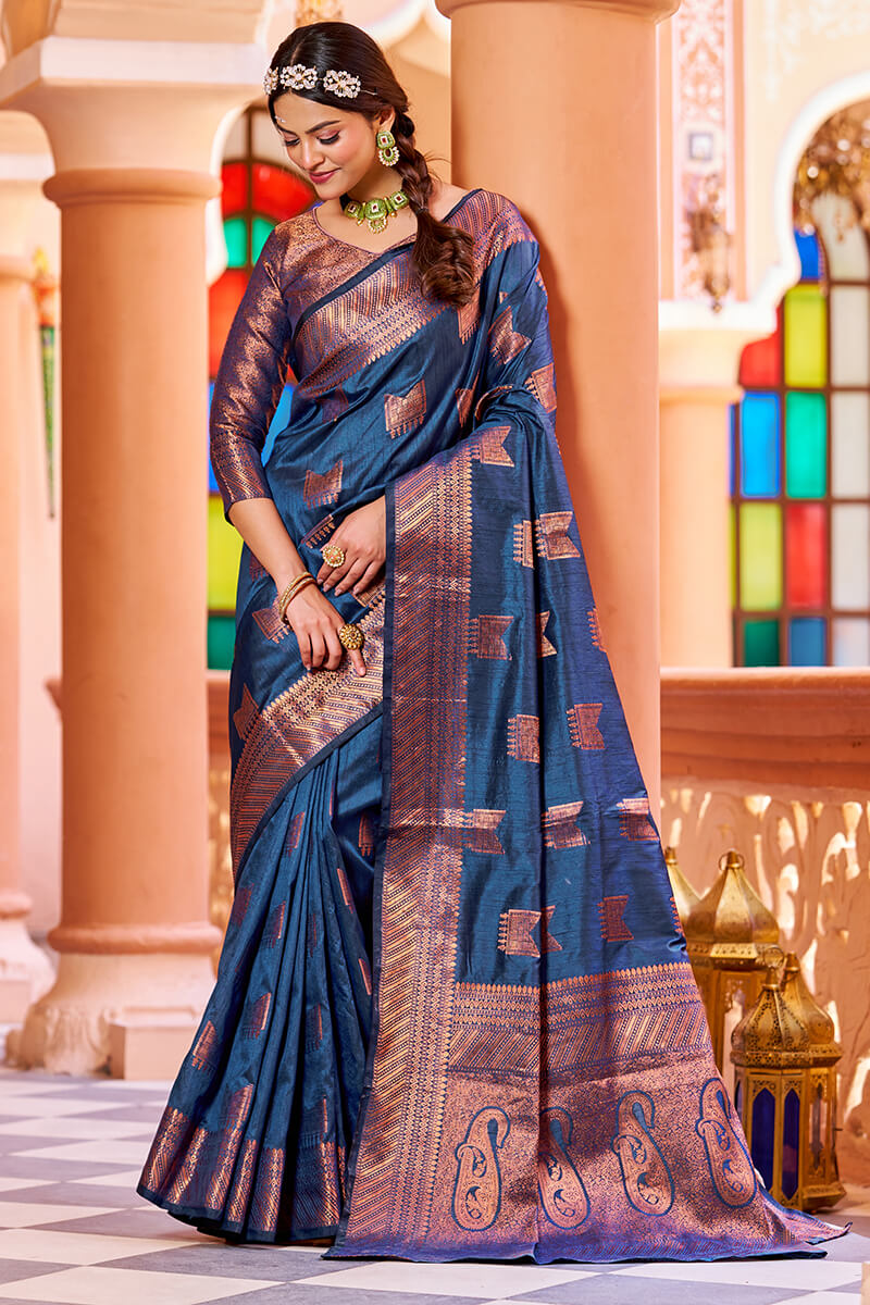 Classic Navy Blue Soft Banarasi Silk Saree With Designer Blouse Piece - Colorful Saree