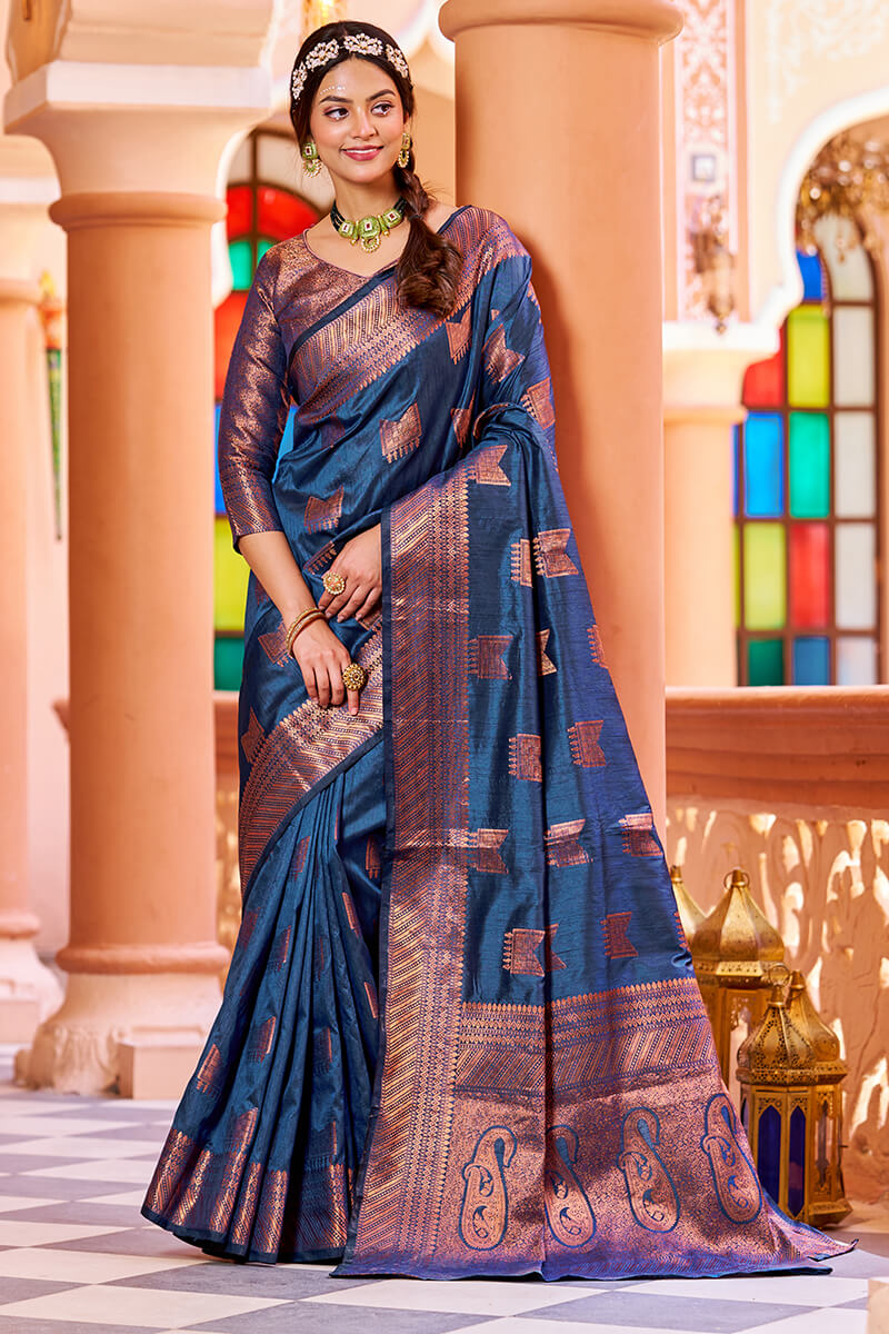 Classic Navy Blue Soft Banarasi Silk Saree With Designer Blouse Piece - Colorful Saree