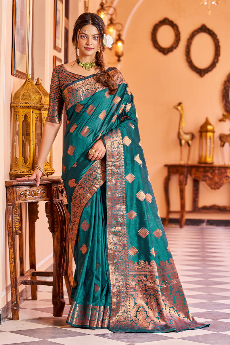 Twirling Rama Soft Banarasi Silk Saree With Entrancing Blouse Piece - Colorful Saree