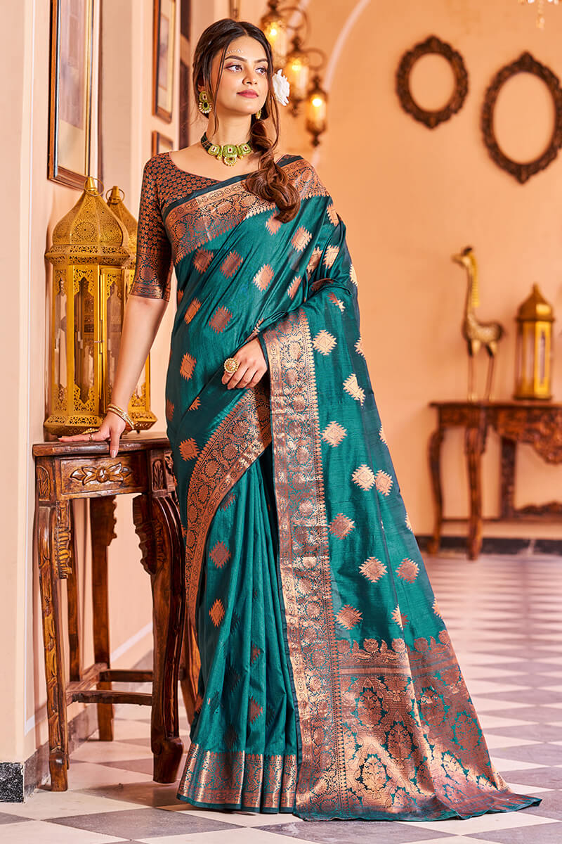 Twirling Rama Soft Banarasi Silk Saree With Entrancing Blouse Piece - Colorful Saree