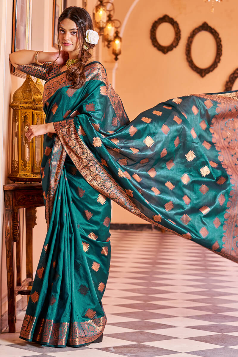 Twirling Rama Soft Banarasi Silk Saree With Entrancing Blouse Piece - Colorful Saree