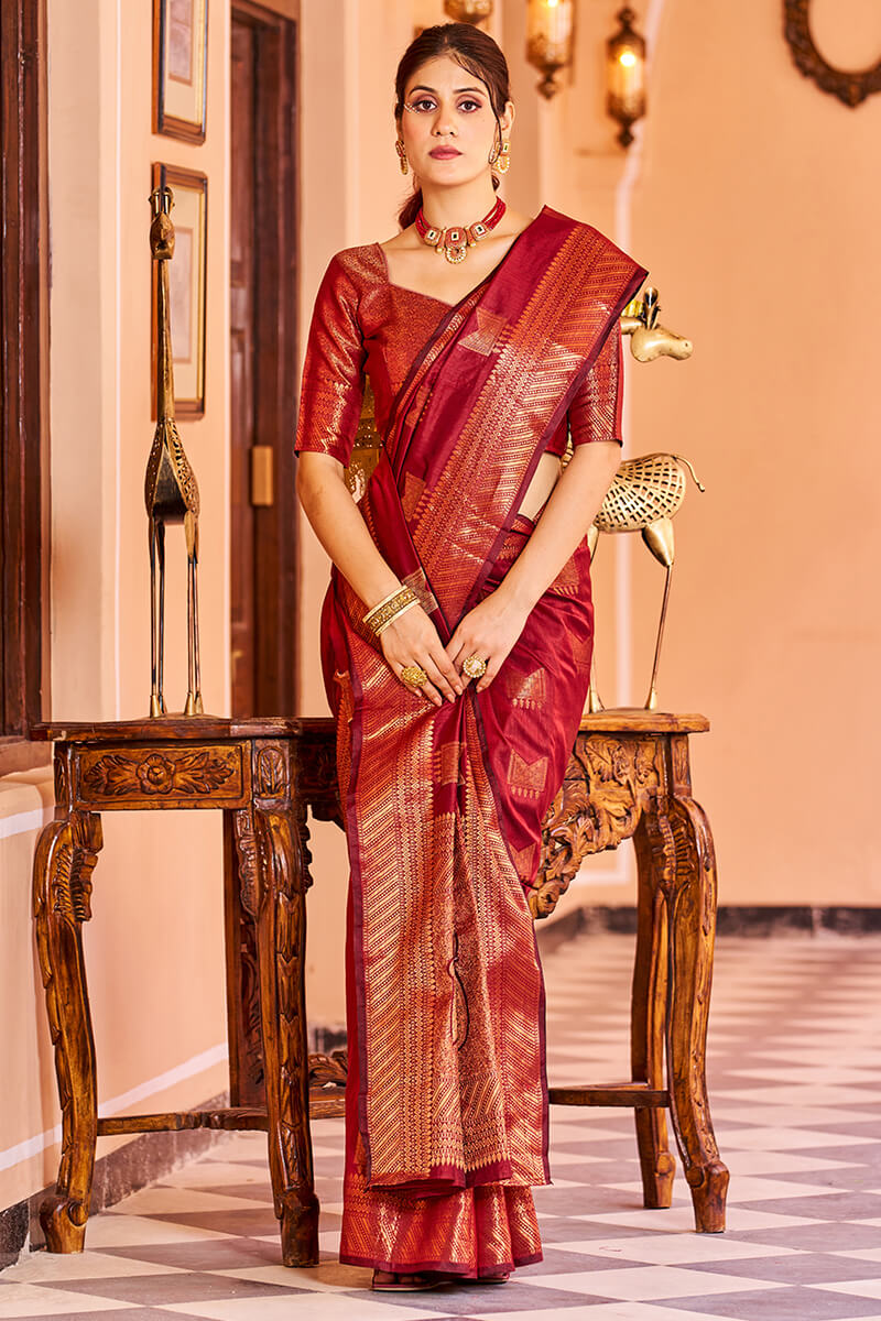 Majesty Red Soft Banarasi Silk Saree With Opulent Blouse Piece - Colorful Saree