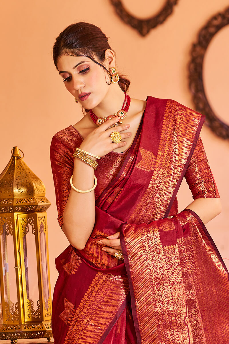 Majesty Red Soft Banarasi Silk Saree With Opulent Blouse Piece - Colorful Saree