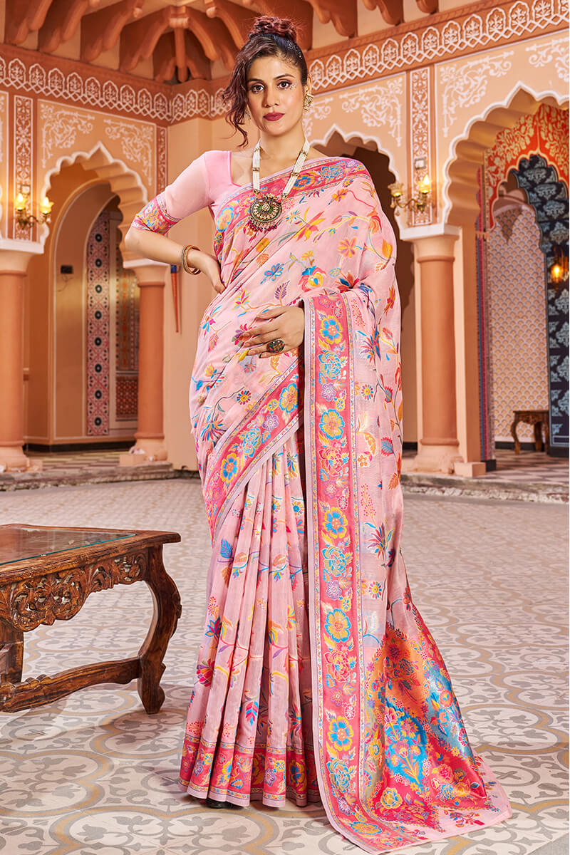 Jazzy Baby Pink Linen Silk Saree With Prettiest Blouse Piece - Colorful Saree