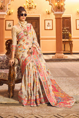 Elegant Beige Linen Silk Saree With Surpassing Blouse Piece - Colorful Saree