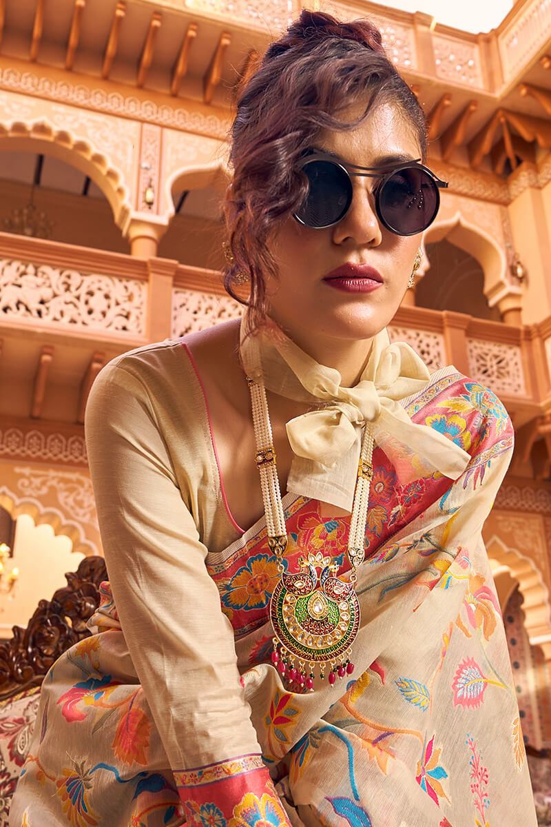 Elegant Beige Linen Silk Saree With Surpassing Blouse Piece - Colorful Saree