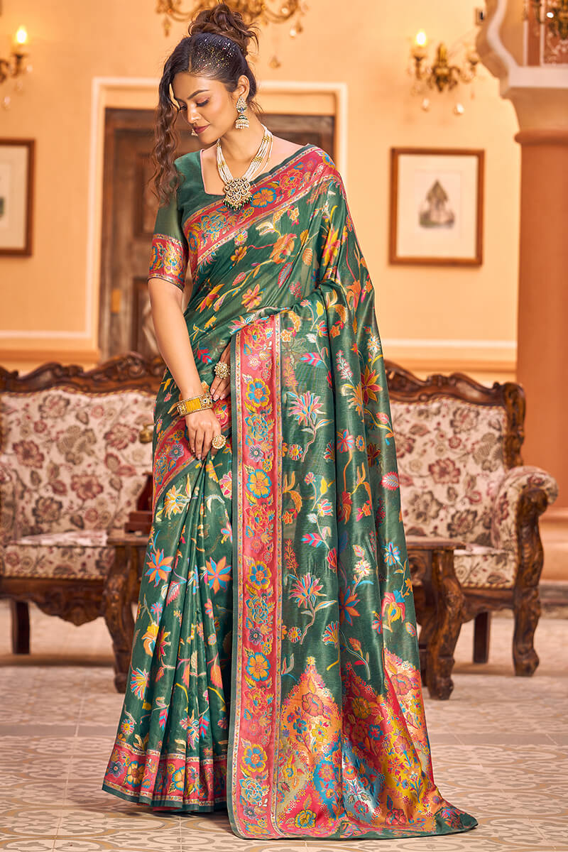 Eye-catching Dark Green Linen Silk Saree With Beautiful Blouse Piece - Colorful Saree