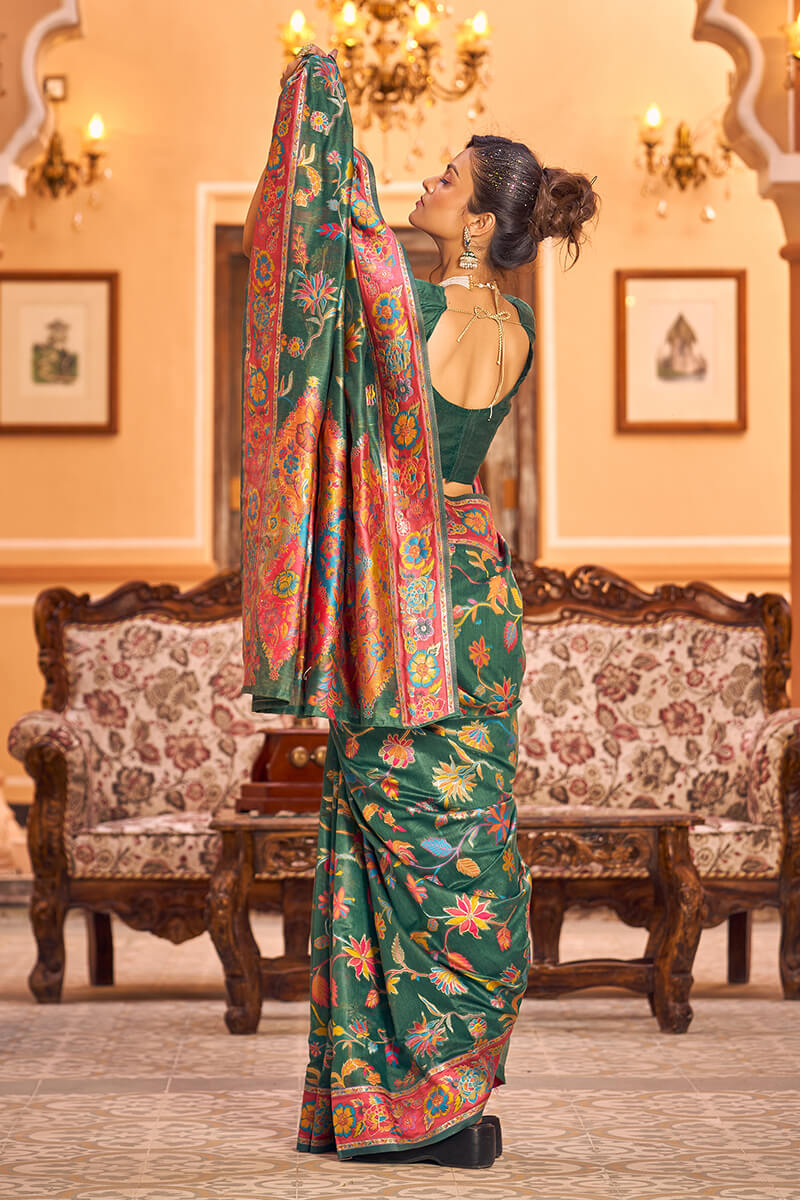 Eye-catching Dark Green Linen Silk Saree With Beautiful Blouse Piece - Colorful Saree