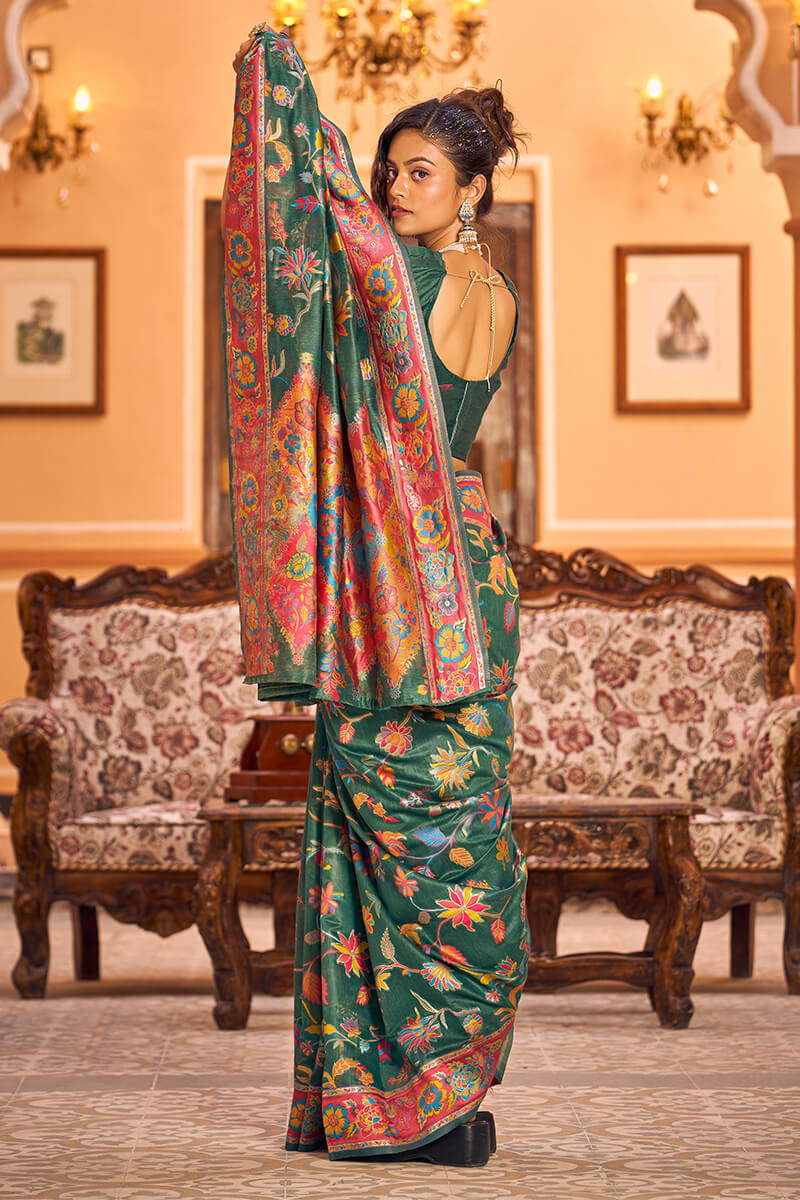 Eye-catching Dark Green Linen Silk Saree With Beautiful Blouse Piece - Colorful Saree