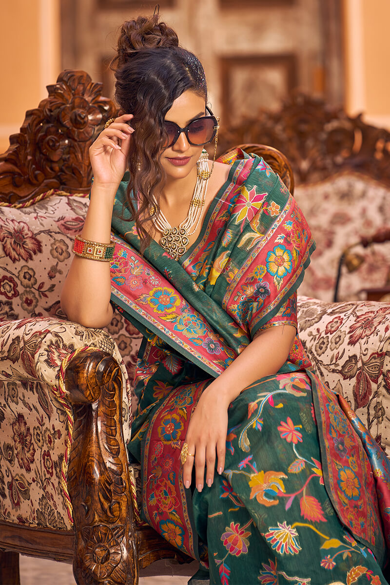 Eye-catching Dark Green Linen Silk Saree With Beautiful Blouse Piece - Colorful Saree