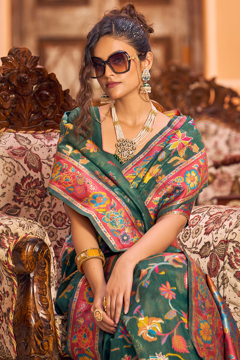 Eye-catching Dark Green Linen Silk Saree With Beautiful Blouse Piece - Colorful Saree