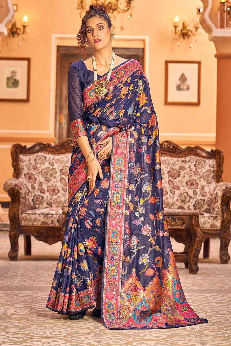 Girlish Navy Blue Linen Silk Saree With Engrossing Blouse Piece - Colorful Saree