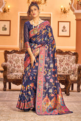 Girlish Navy Blue Linen Silk Saree With Engrossing Blouse Piece - Colorful Saree