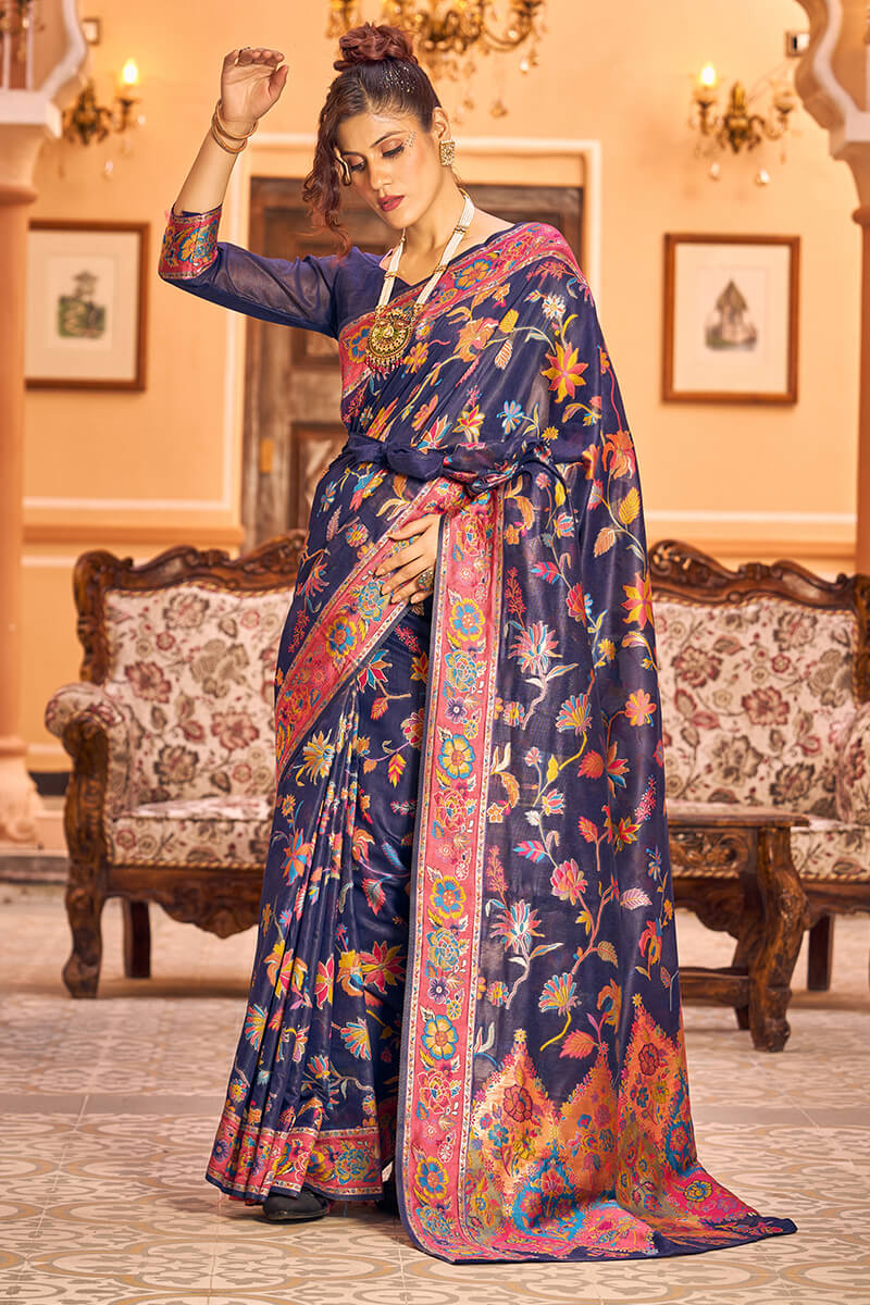 Girlish Navy Blue Linen Silk Saree With Engrossing Blouse Piece - Colorful Saree