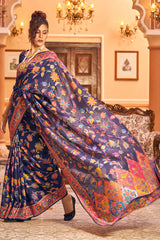 Girlish Navy Blue Linen Silk Saree With Engrossing Blouse Piece - Colorful Saree