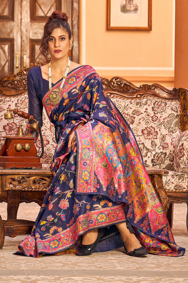 Girlish Navy Blue Linen Silk Saree With Engrossing Blouse Piece - Colorful Saree