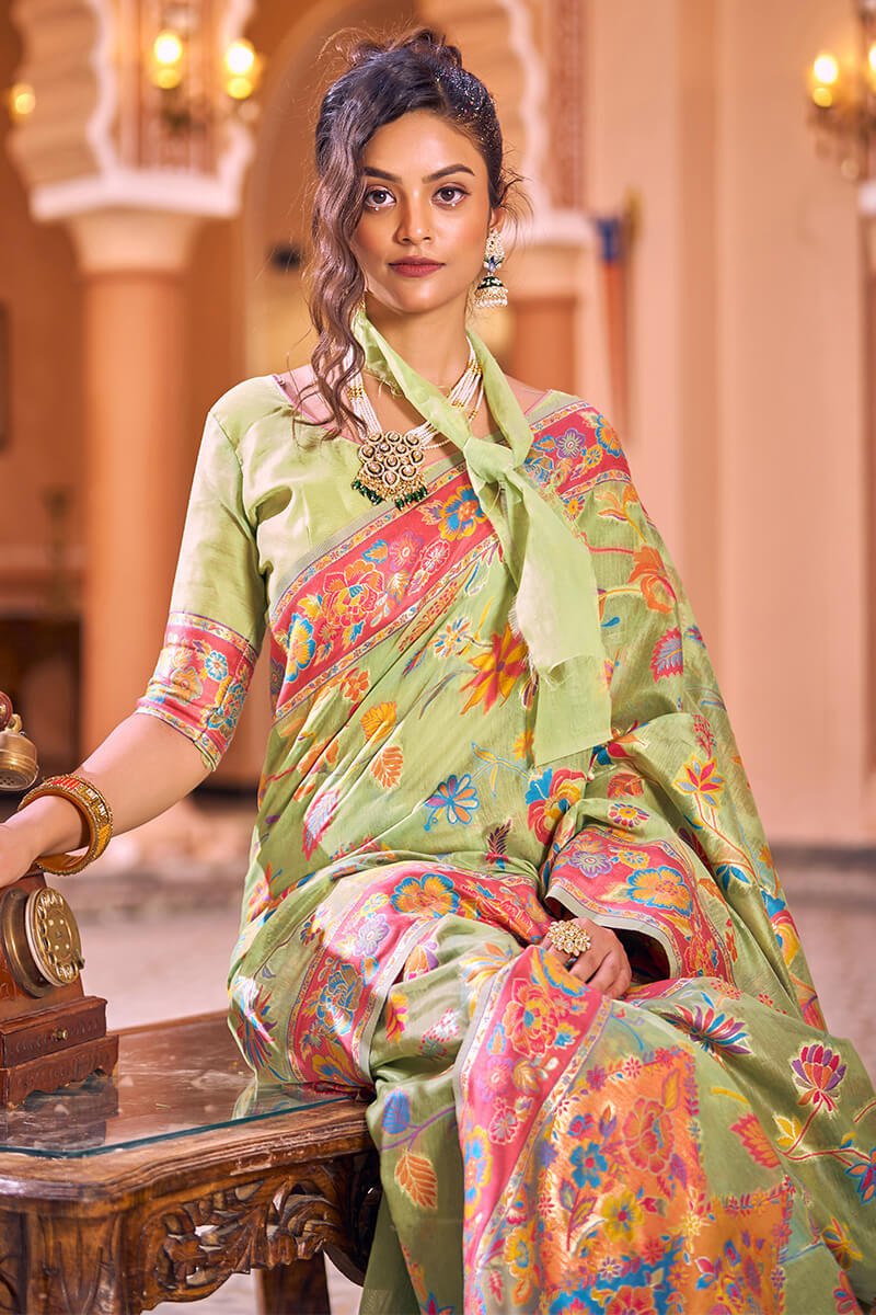 Surpassing Pista Linen Silk Saree With Flamboyant Blouse Piece - Colorful Saree