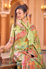 Surpassing Pista Linen Silk Saree With Flamboyant Blouse Piece - Colorful Saree