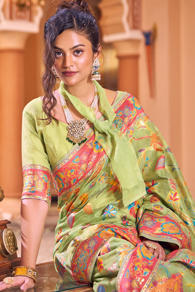 Surpassing Pista Linen Silk Saree With Flamboyant Blouse Piece - Colorful Saree