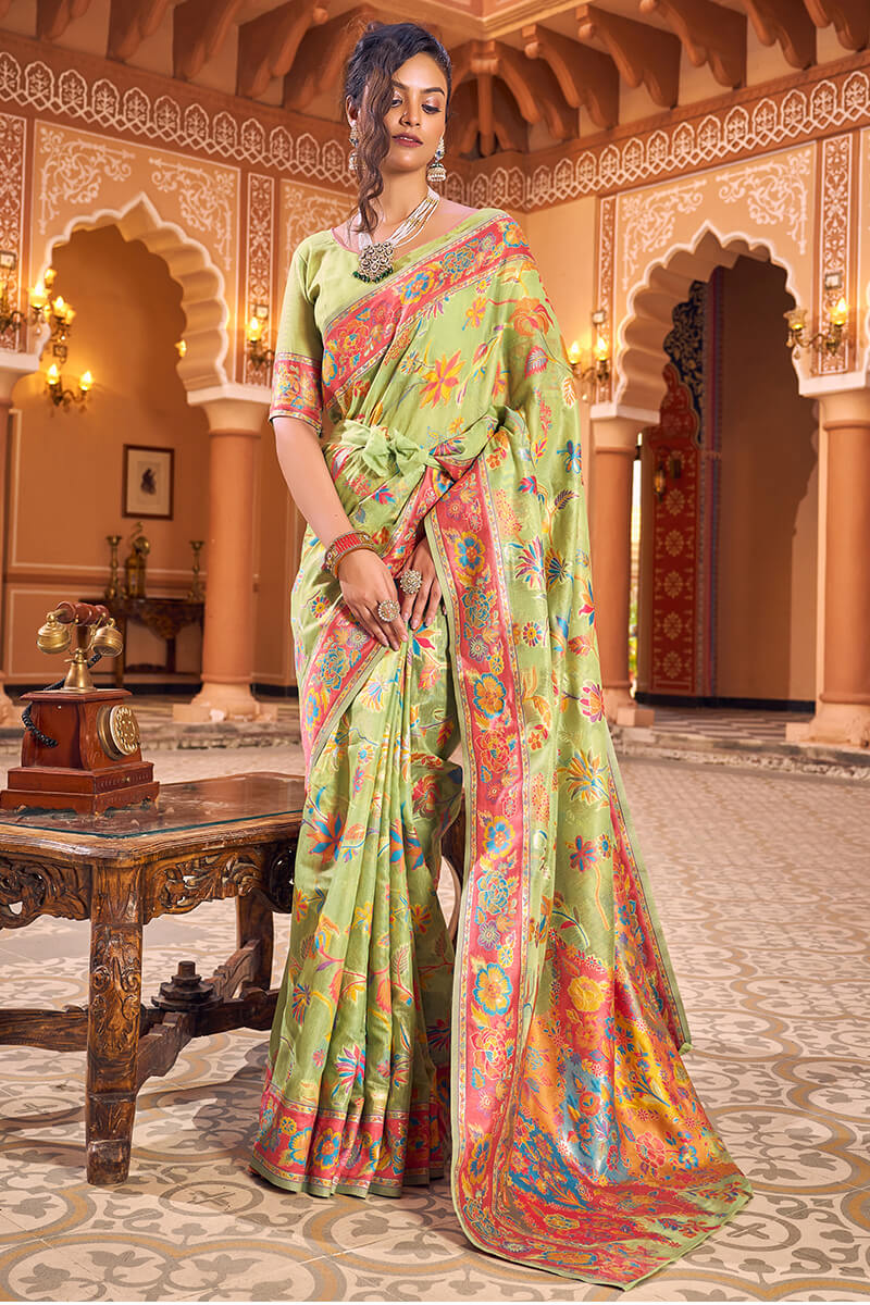 Surpassing Pista Linen Silk Saree With Flamboyant Blouse Piece - Colorful Saree