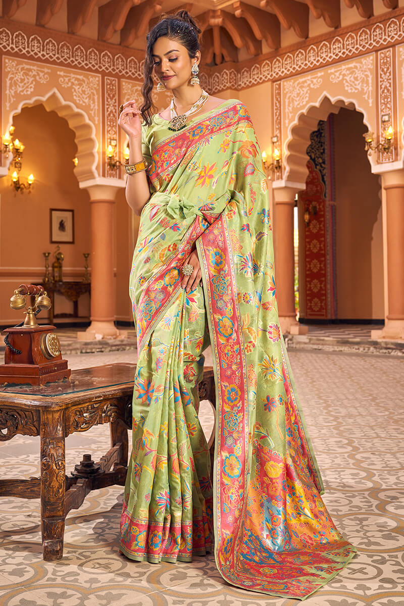 Surpassing Pista Linen Silk Saree With Flamboyant Blouse Piece - Colorful Saree