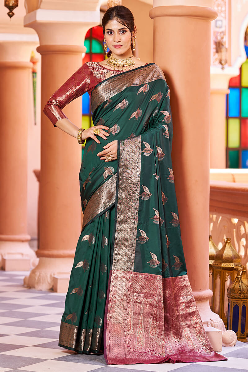 Flamboyant Dark Green Soft Banarasi Silk Saree With Pleasant Blouse Piece - Colorful Saree