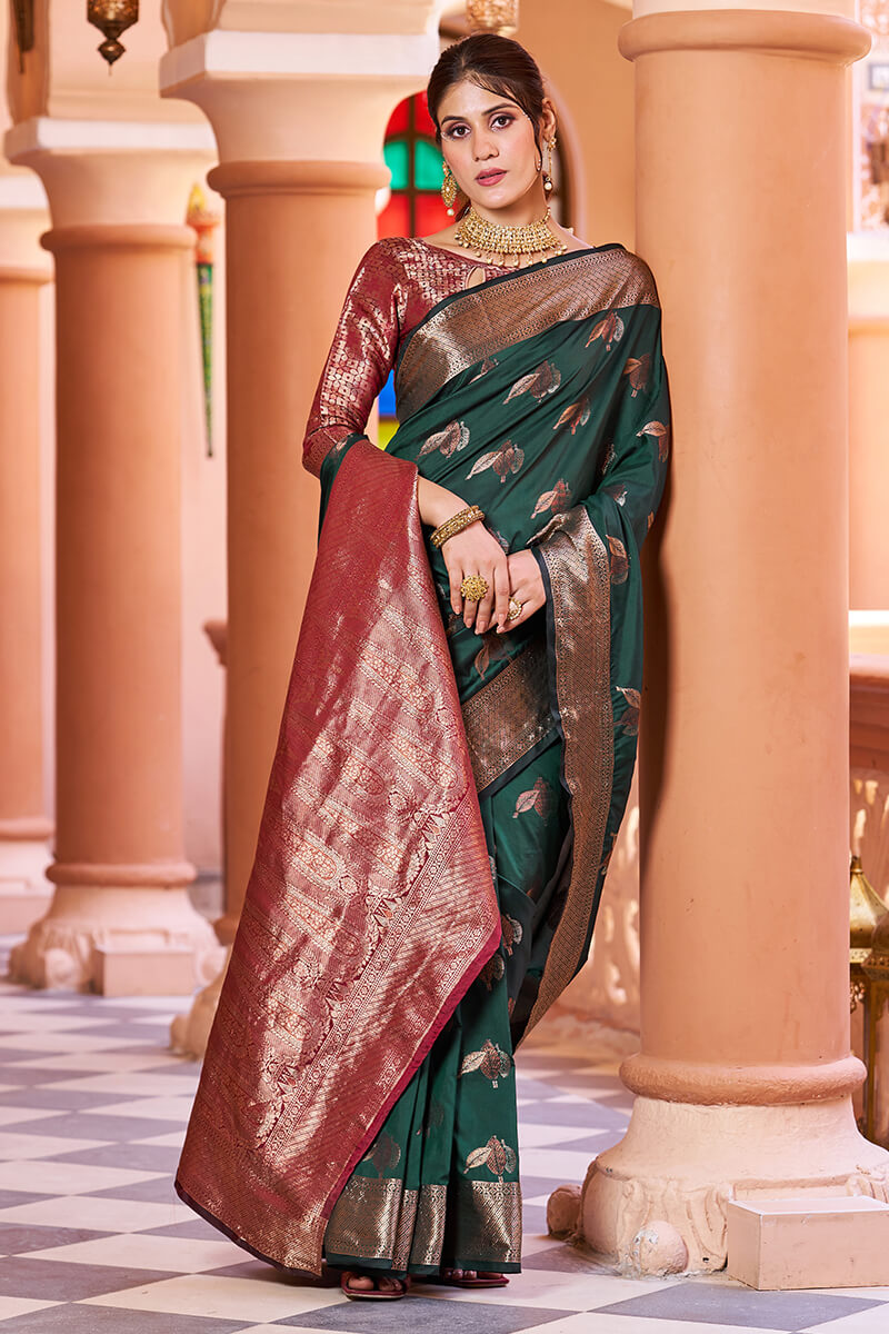 Flamboyant Dark Green Soft Banarasi Silk Saree With Pleasant Blouse Piece - Colorful Saree