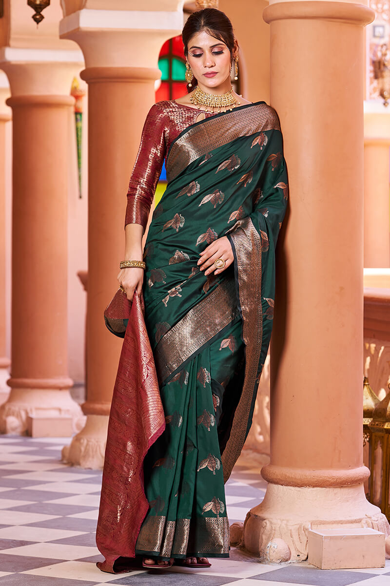 Flamboyant Dark Green Soft Banarasi Silk Saree With Pleasant Blouse Piece - Colorful Saree